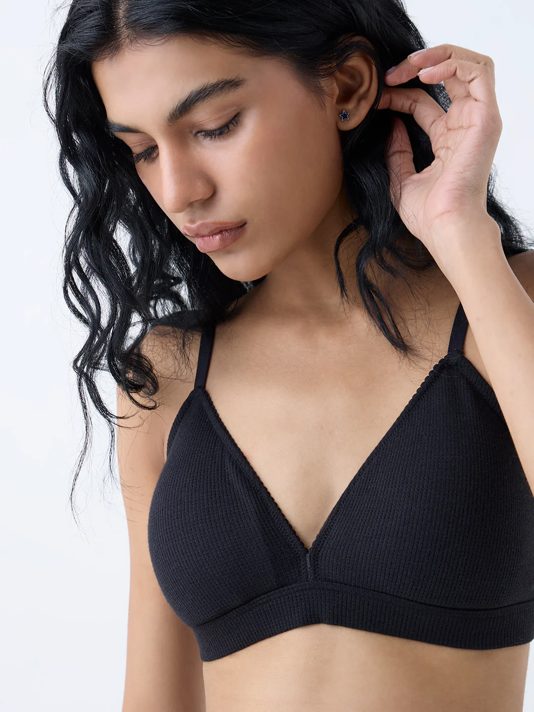 Superstar Black Waffle-Textured Padded Cotton-Blend Bra - Image 3