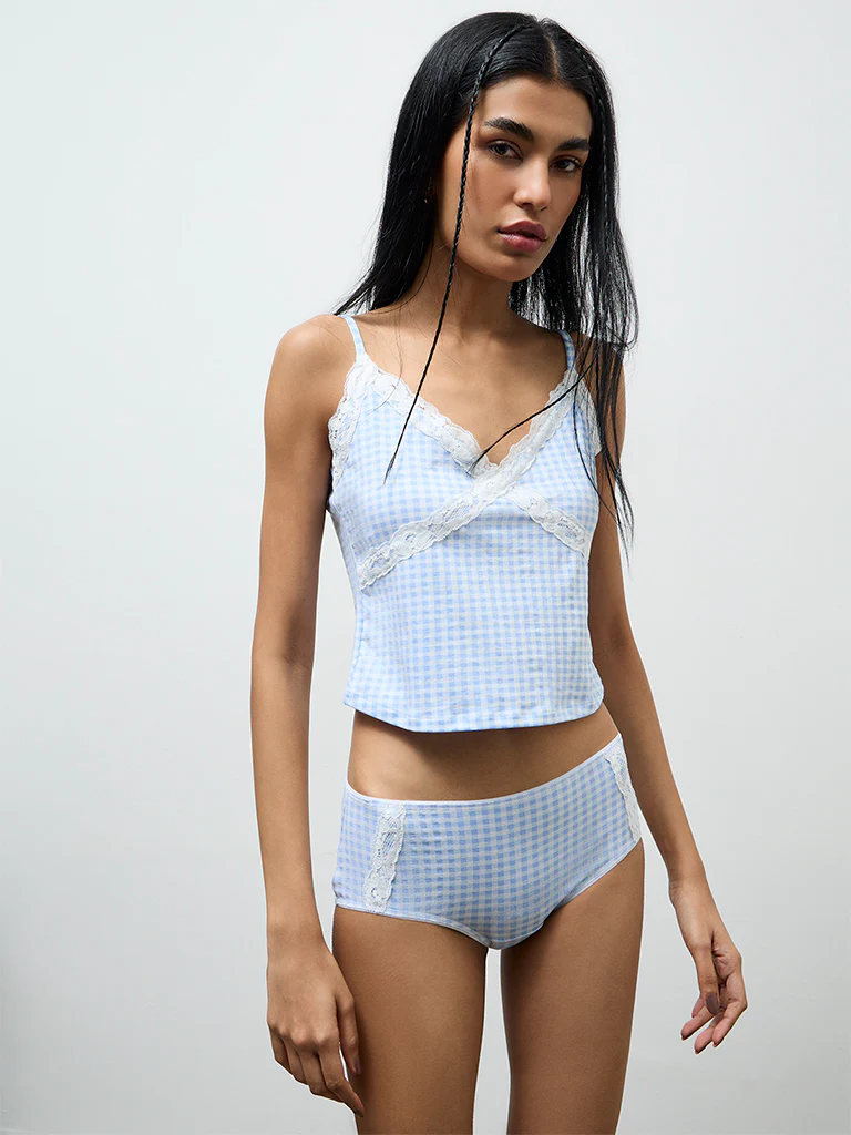 Superstar Blue Checkered Cotton-Blend Camisole and Brief Set