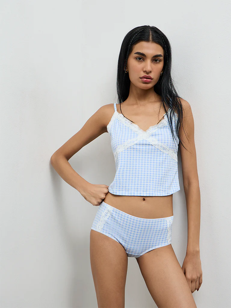 Superstar Blue Checkered Cotton-Blend Camisole and Brief Set - Image 2