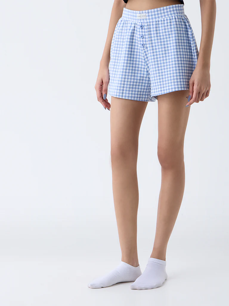 Superstar Blue Checkered Cotton-Blend High-Rise Shorts - Image 2