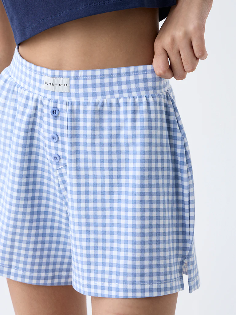 Superstar Blue Checkered Cotton-Blend High-Rise Shorts - Image 3