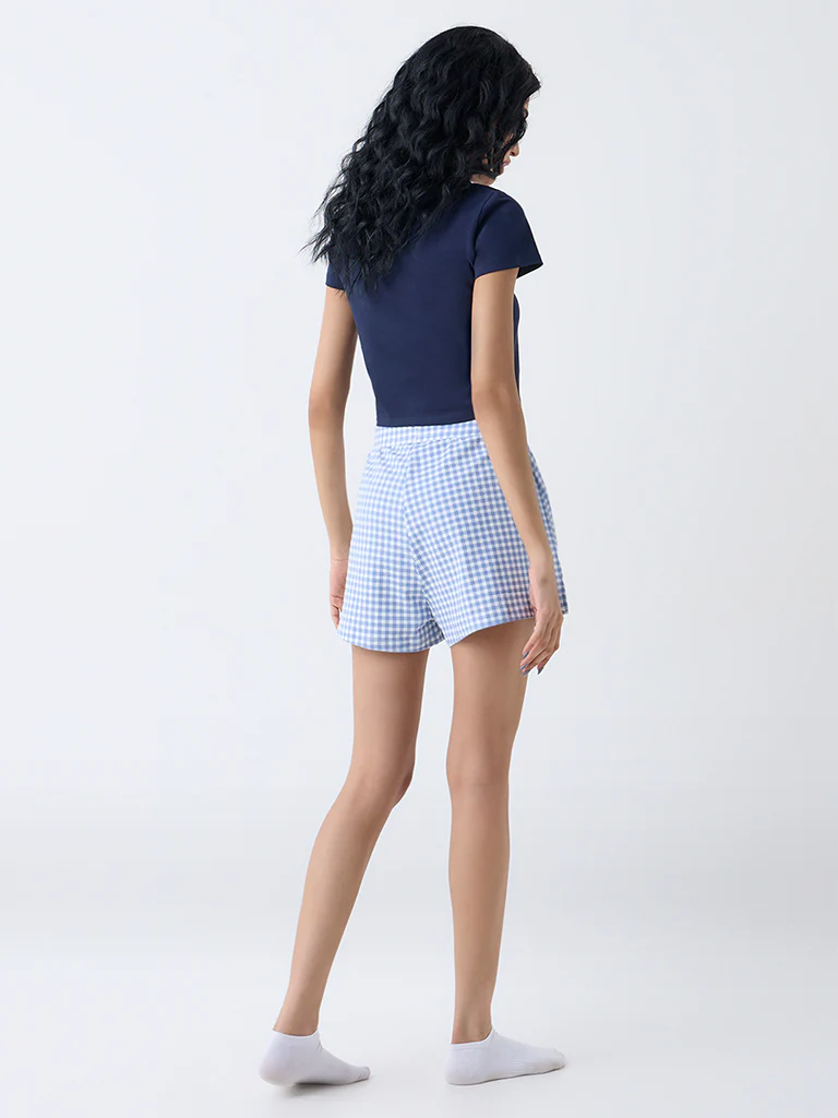 Superstar Blue Checkered Cotton-Blend High-Rise Shorts - Image 4