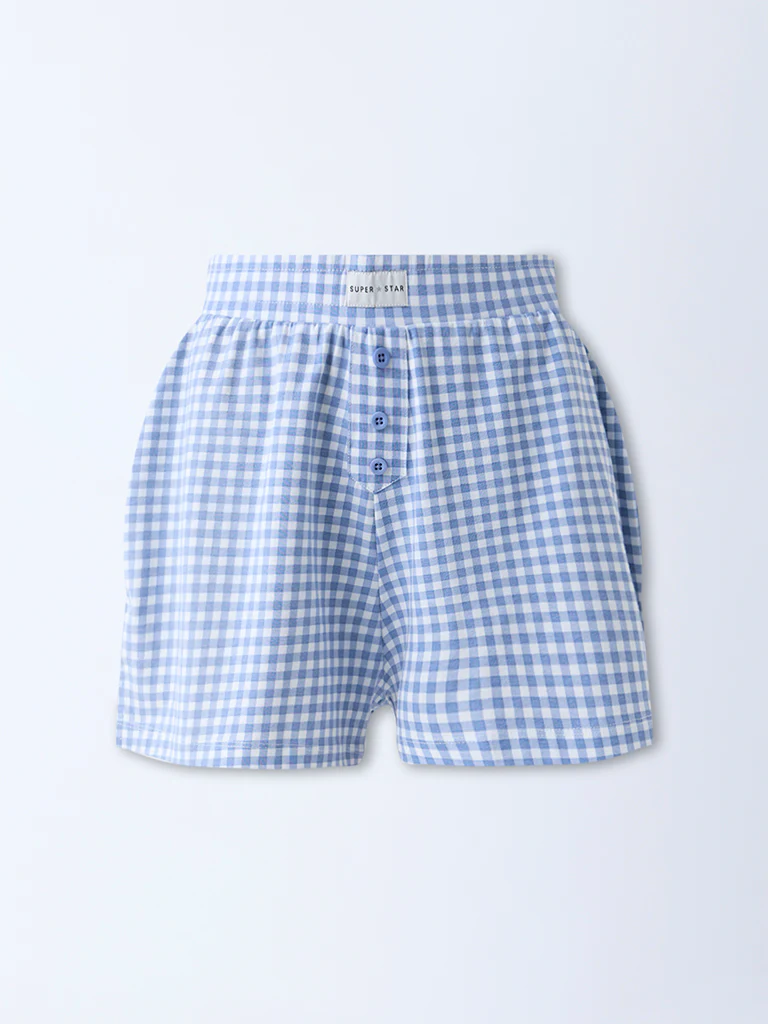 Superstar Blue Checkered Cotton-Blend High-Rise Shorts - Image 5