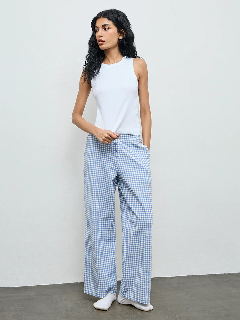 Superstar Blue Checkered High-Rise Cotton-Blend Pants