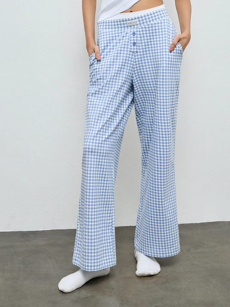Superstar Blue Checkered High-Rise Cotton-Blend Pants - Image 2