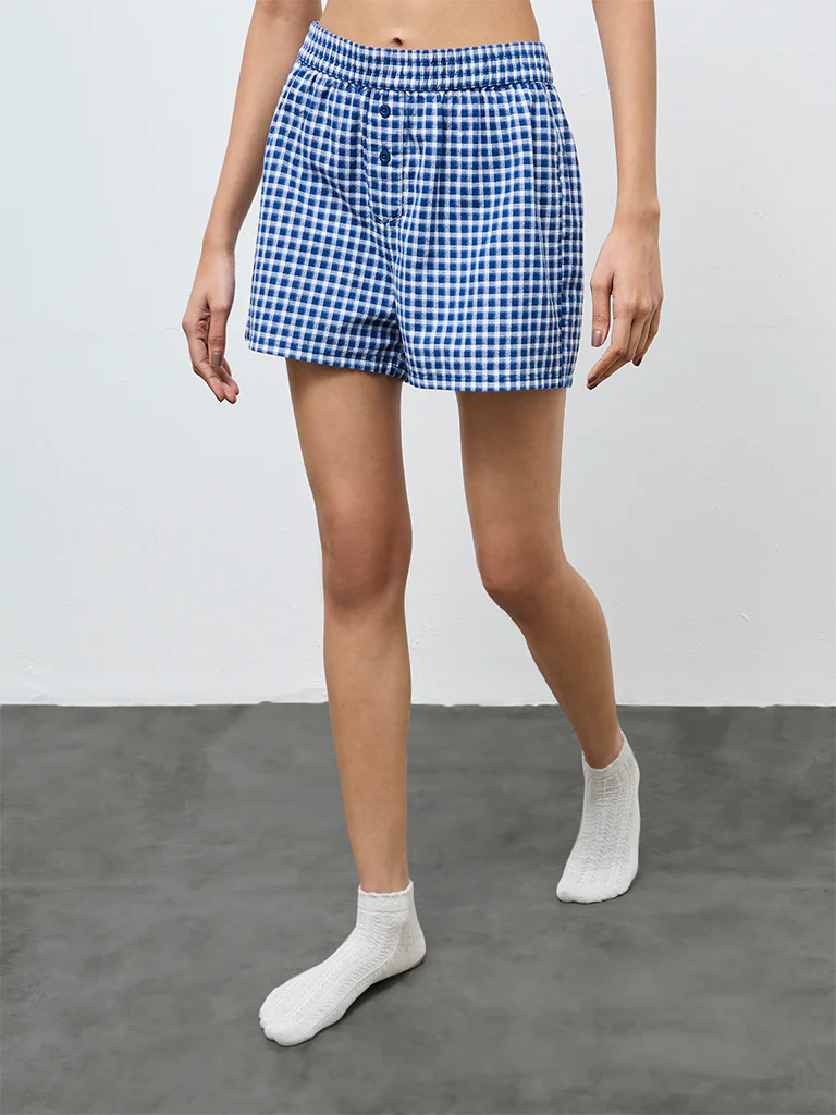 Superstar Blue Checkered High-Rise Cotton Shorts - Image 2