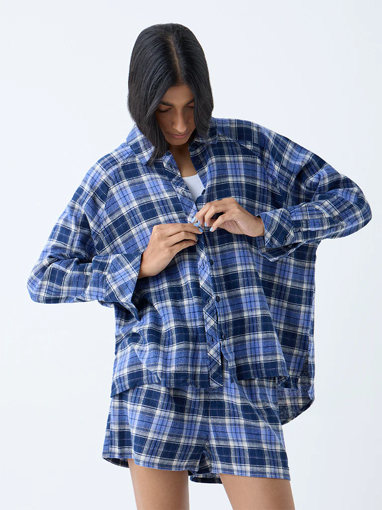 Superstar Blue Checks Design Oversized Cotton Shirt - Image 2