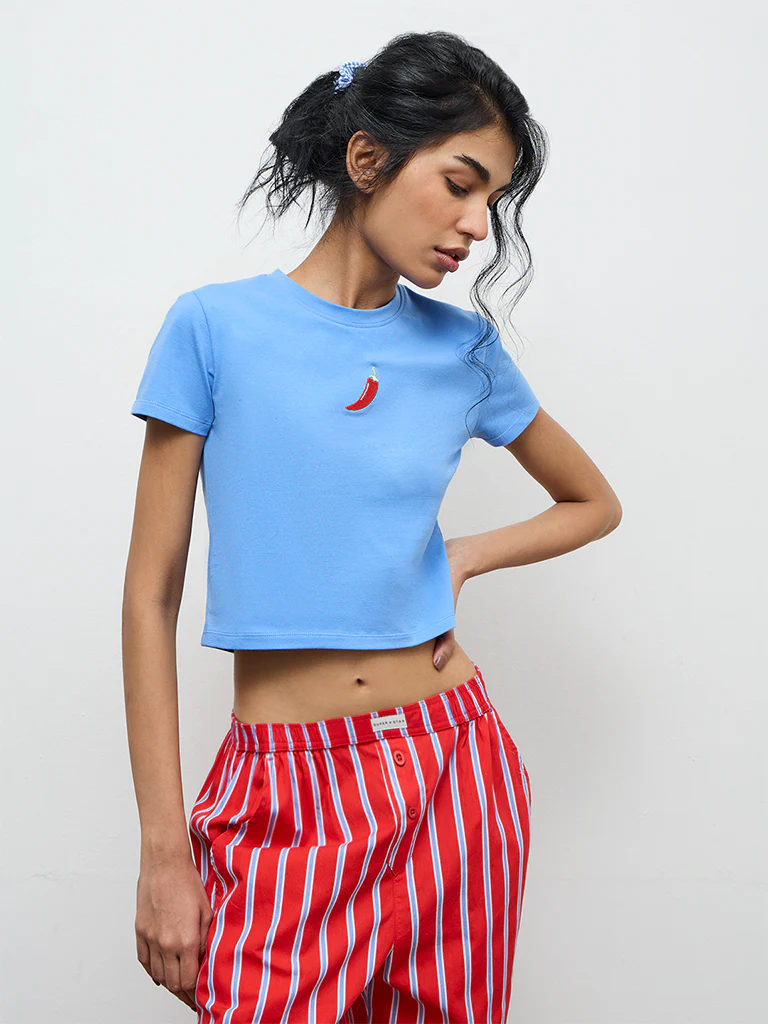 Superstar Blue Embroidered Cotton-Blend T-Shirt