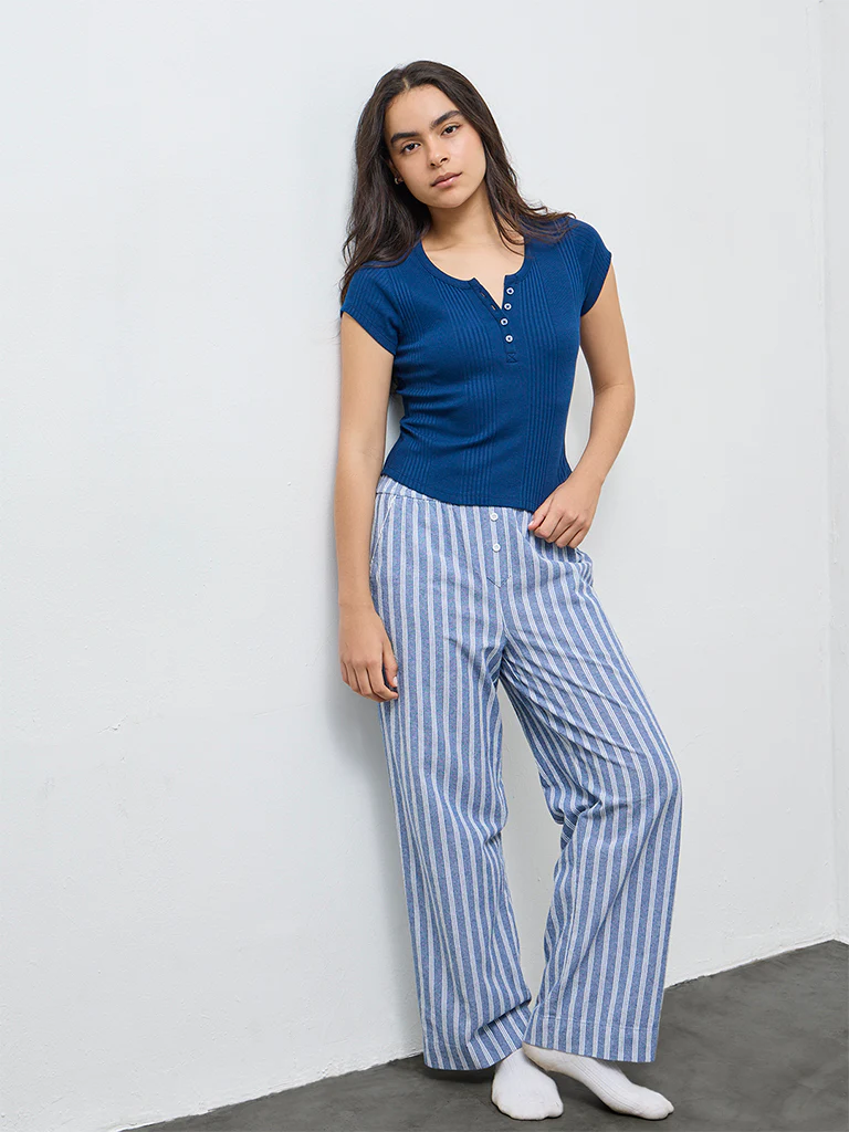 Superstar Blue Self-Striped Cotton-Blend Top