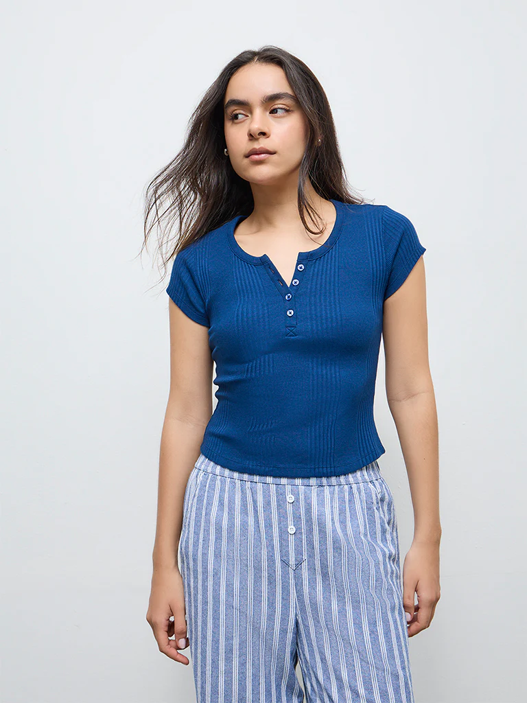 Superstar Blue Self-Striped Cotton-Blend Top - Image 2