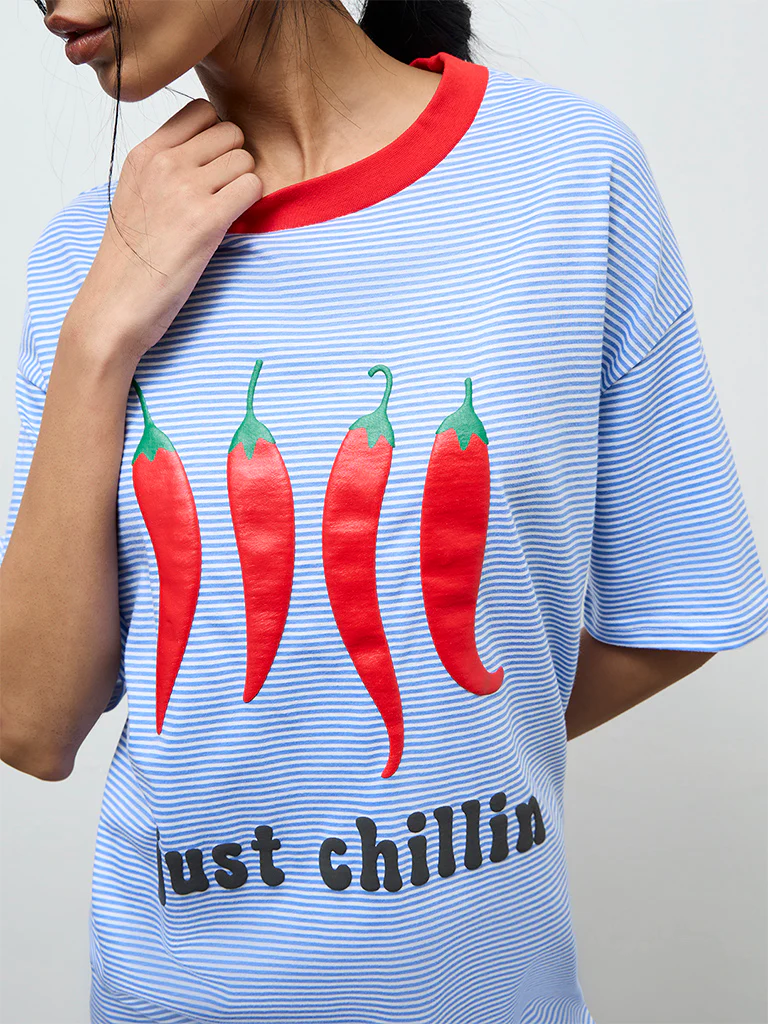 Superstar Blue Stripe-Printed Cotton T-Shirt Dress - Image 3