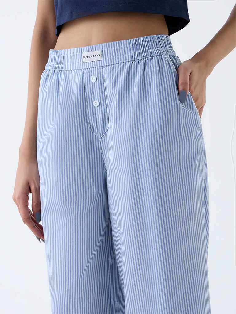 Superstar Blue Striped High-Rise Cotton Pants - Image 3