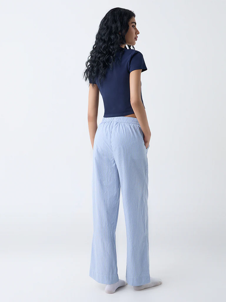 Superstar Blue Striped High-Rise Cotton Pants - Image 4