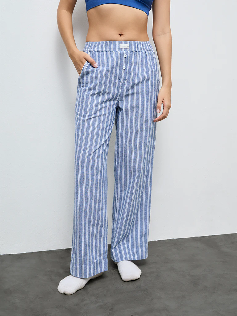 Superstar Blue Striped High-Rise Cotton Pants - Image 2