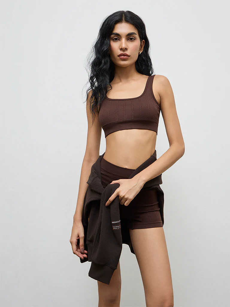 Superstar Brown Cable-Knitted Padded Seam-Free Bra