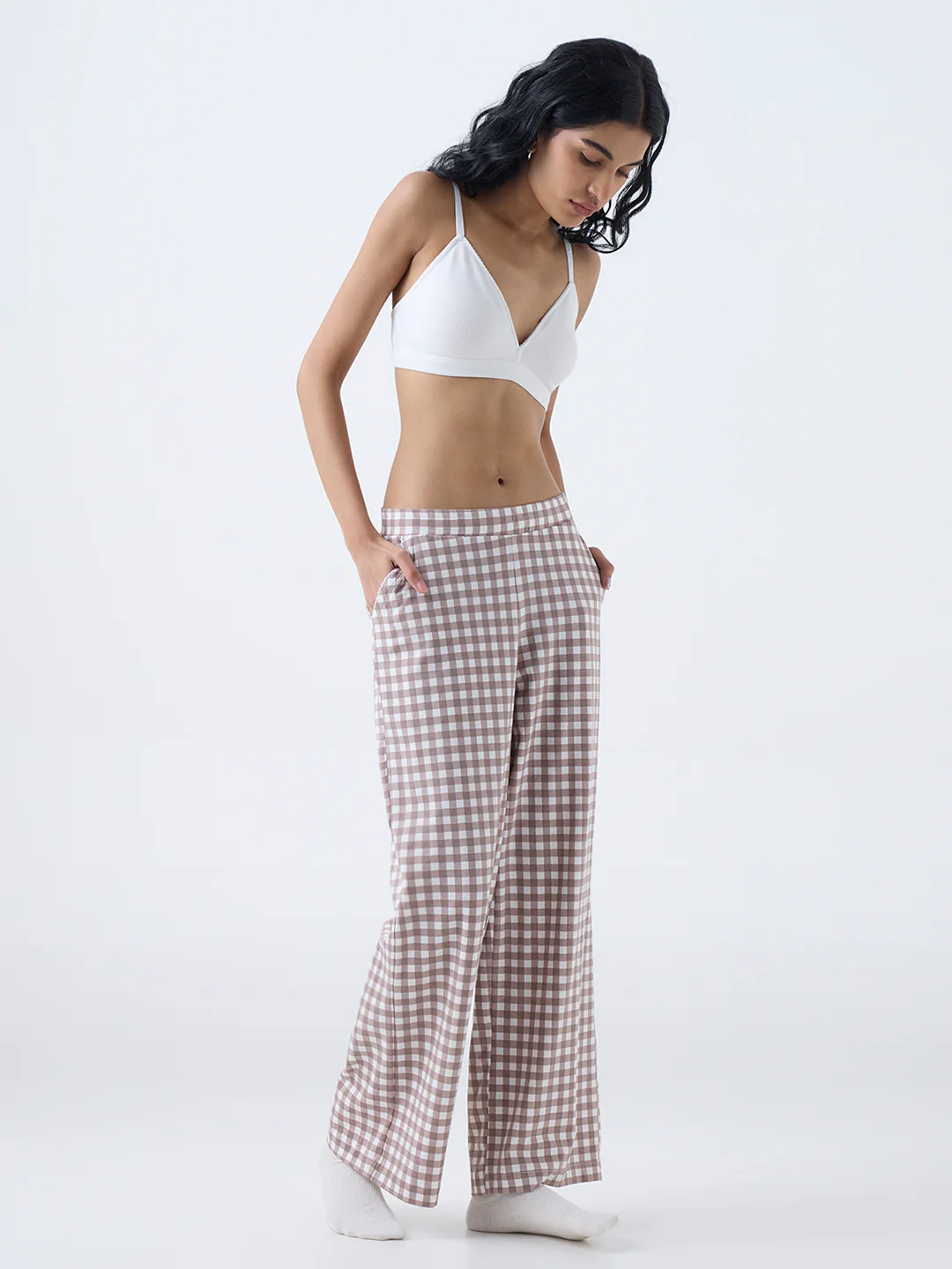 Superstar Brown Checks Detailed High-Rise Cotton-Blend Pants