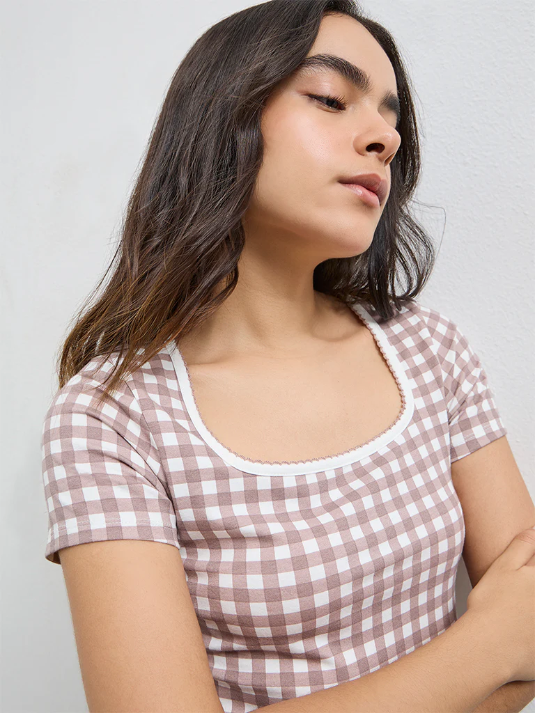 Superstar Brown Checks Printed Cotton-Blend Top - Image 3