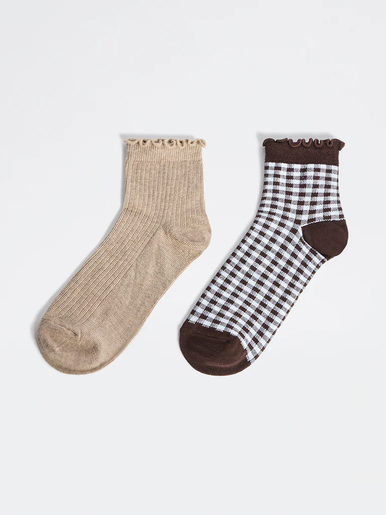 Superstar Brown Gingham Check Cotton-Blend Socks - Pack of 2 - Image 2