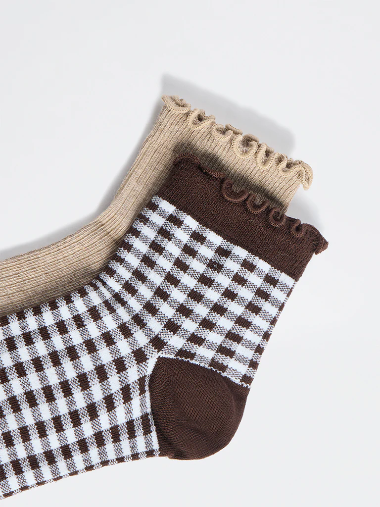 Superstar Brown Gingham Check Cotton-Blend Socks - Pack of 2 - Image 3