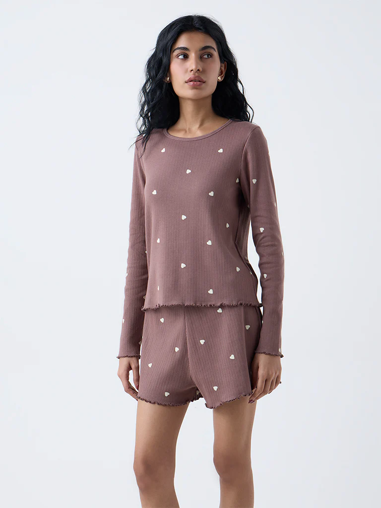 Superstar Brown Heart-Printed Cotton-Blend Top - Image 2