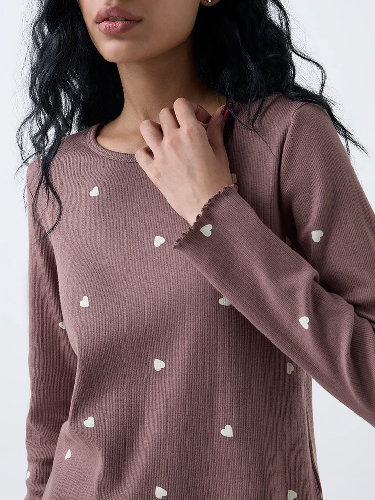 Superstar Brown Heart-Printed Cotton-Blend Top - Image 3