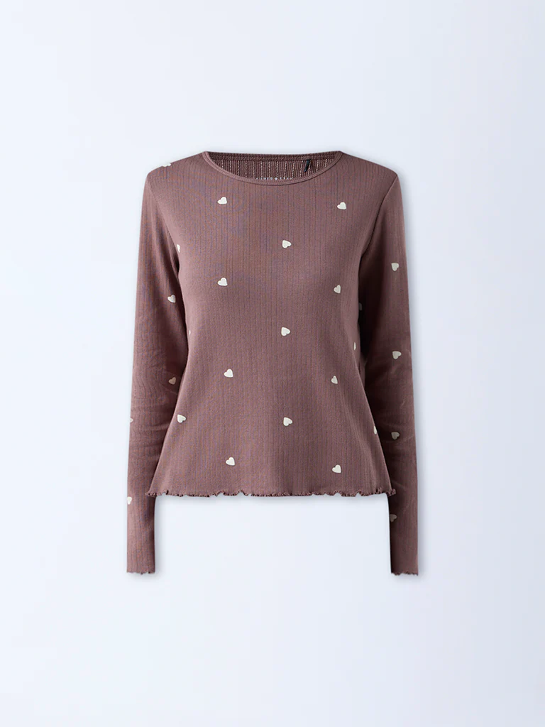 Superstar Brown Heart-Printed Cotton-Blend Top - Image 5