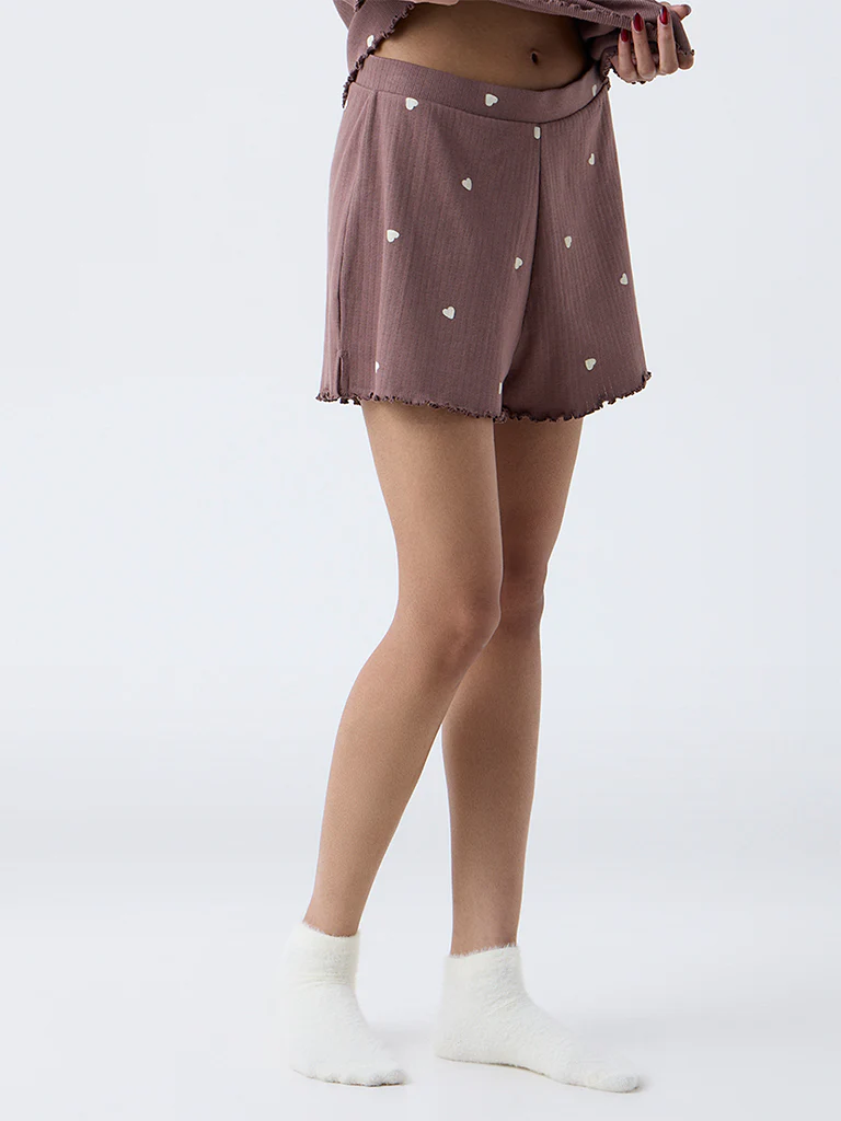 Superstar Brown Heart-Printed High-Rise Cotton-Blend Shorts - Image 2