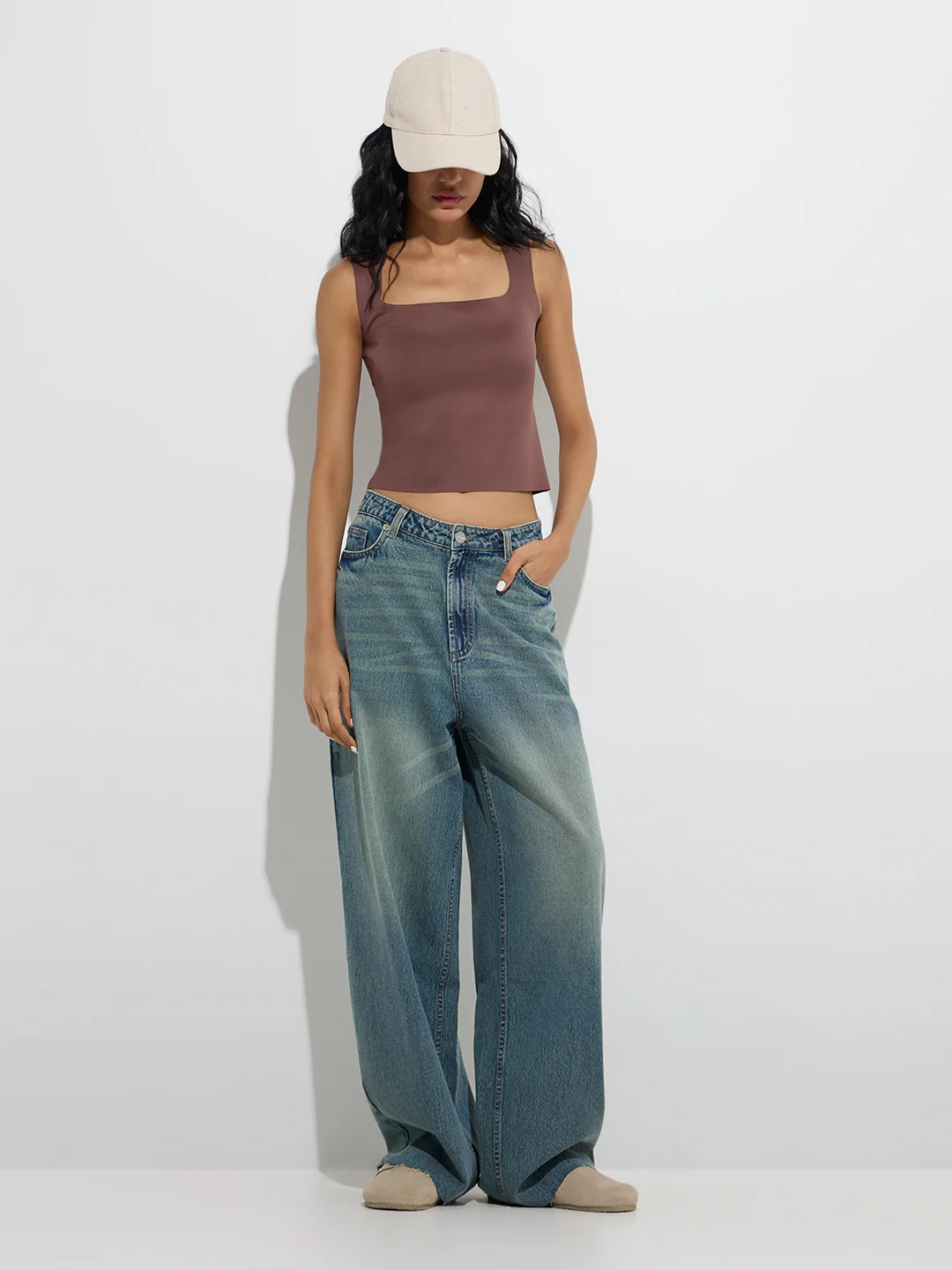 Superstar Brown Ribbed-Textured Padded Tank Top
