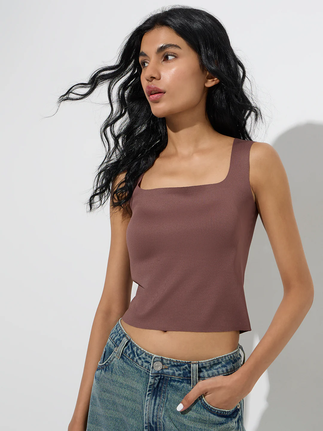Superstar Brown Ribbed-Textured Padded Tank Top - Image 2