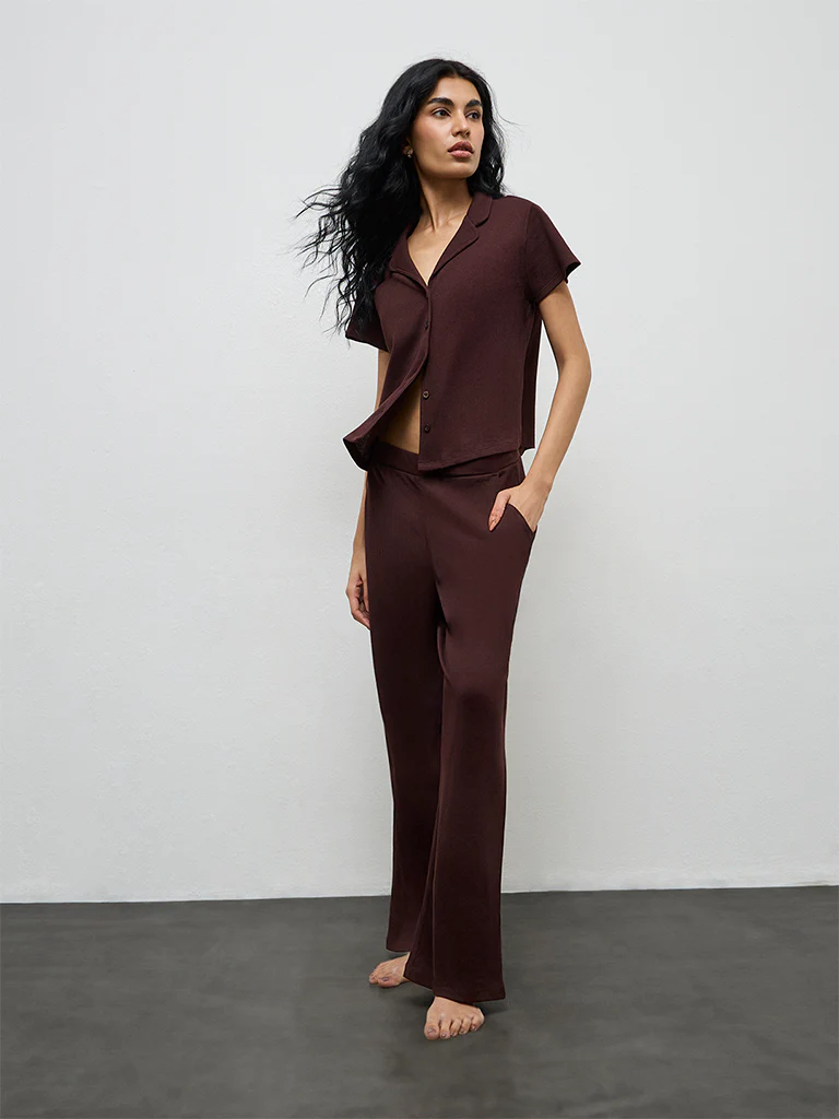 Superstar Brown Textured High-Rise Cotton Pants - Image 2