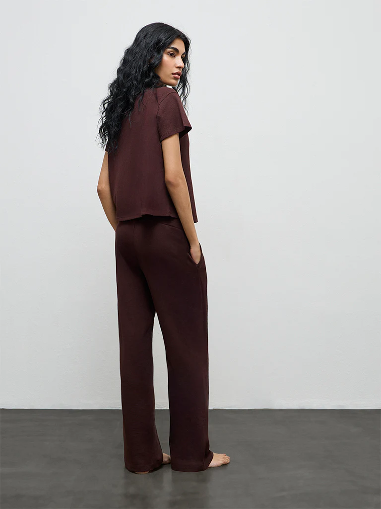 Superstar Brown Textured High-Rise Cotton Pants - Image 4
