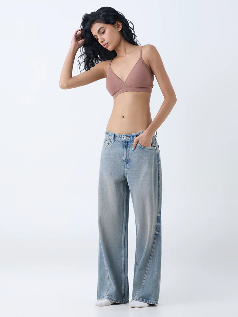 Superstar Brown Waffle-Textured Cotton-Blend Padded Bra - Image 2