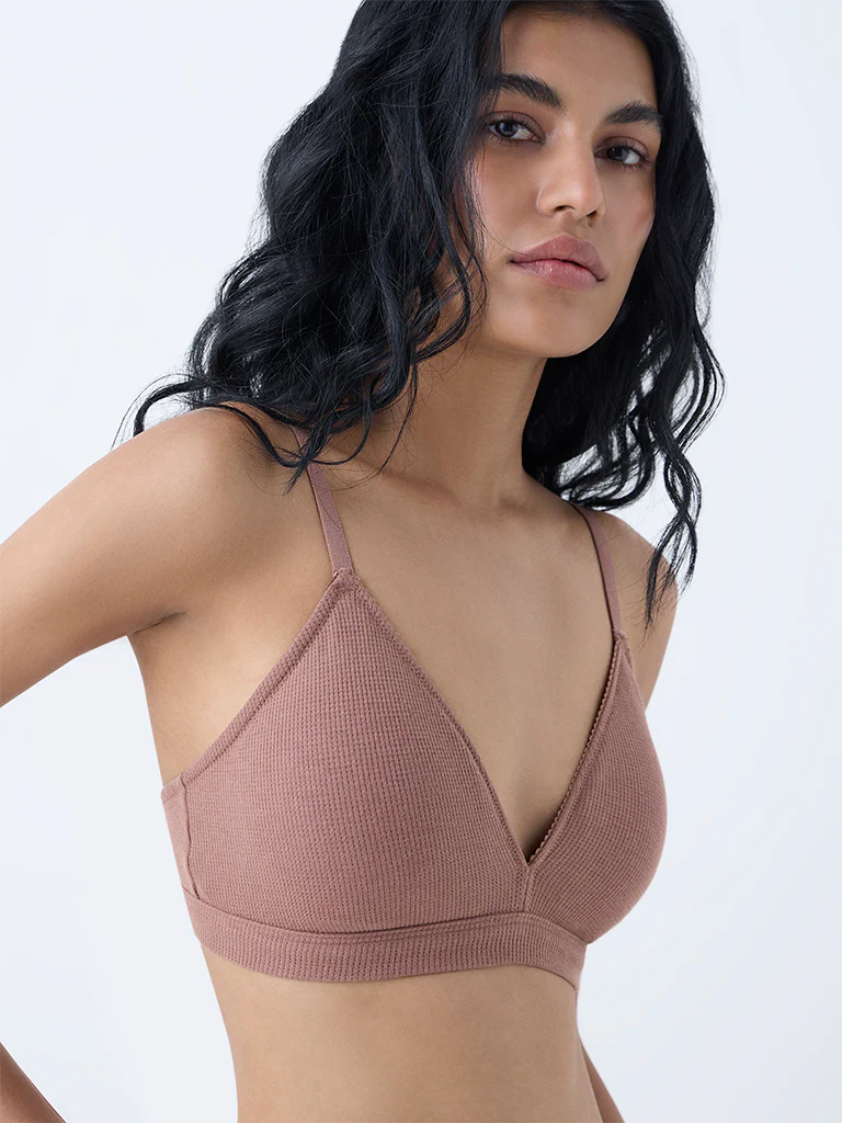Superstar Brown Waffle-Textured Cotton-Blend Padded Bra - Image 3