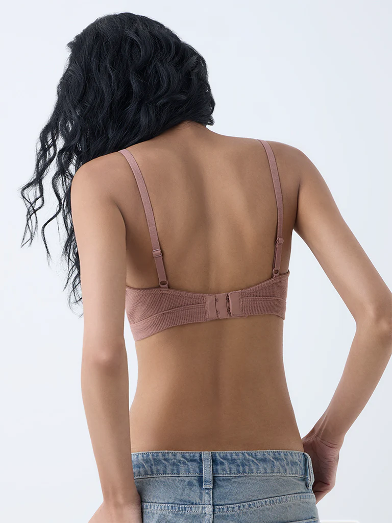 Superstar Brown Waffle-Textured Cotton-Blend Padded Bra - Image 4