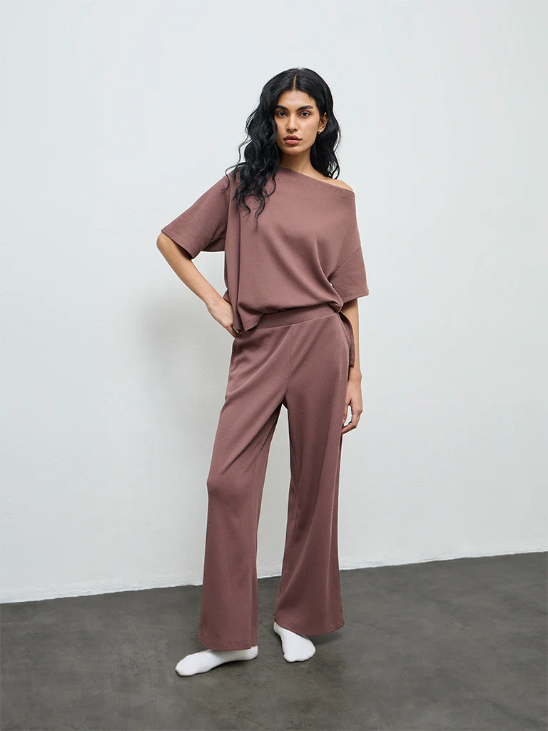 Superstar Brown Waffle-Textured Off-Shoulder Top - Image 2