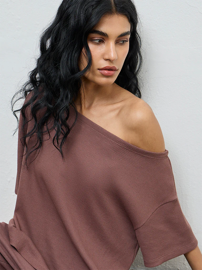 Superstar Brown Waffle-Textured Off-Shoulder Top - Image 3