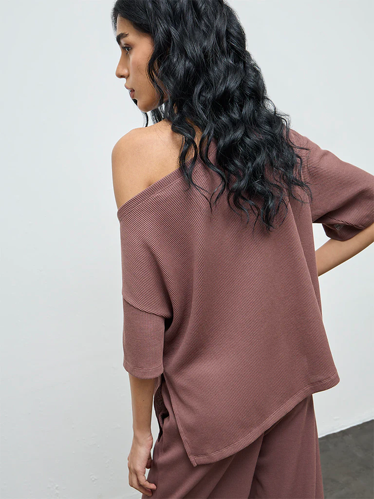 Superstar Brown Waffle-Textured Off-Shoulder Top - Image 4