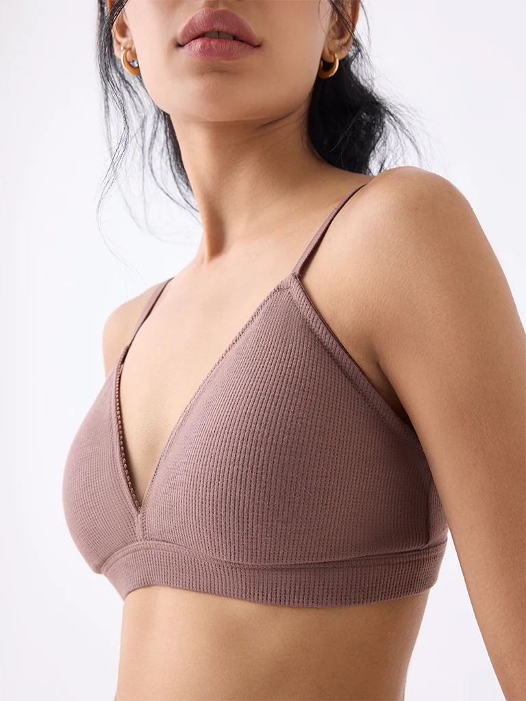 Superstar Brown Waffle-Textured Padded Cotton-Blend Bra - Image 3