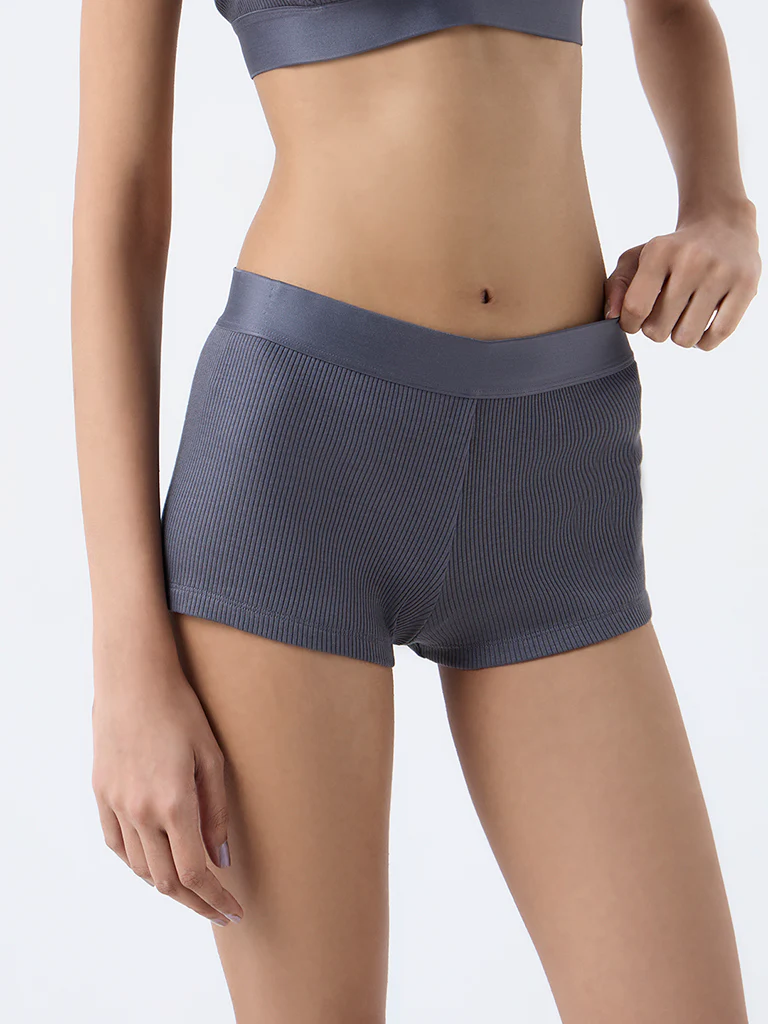 Superstar Charcoal Ribbed-Textured Boy Shorts Briefs - Image 2