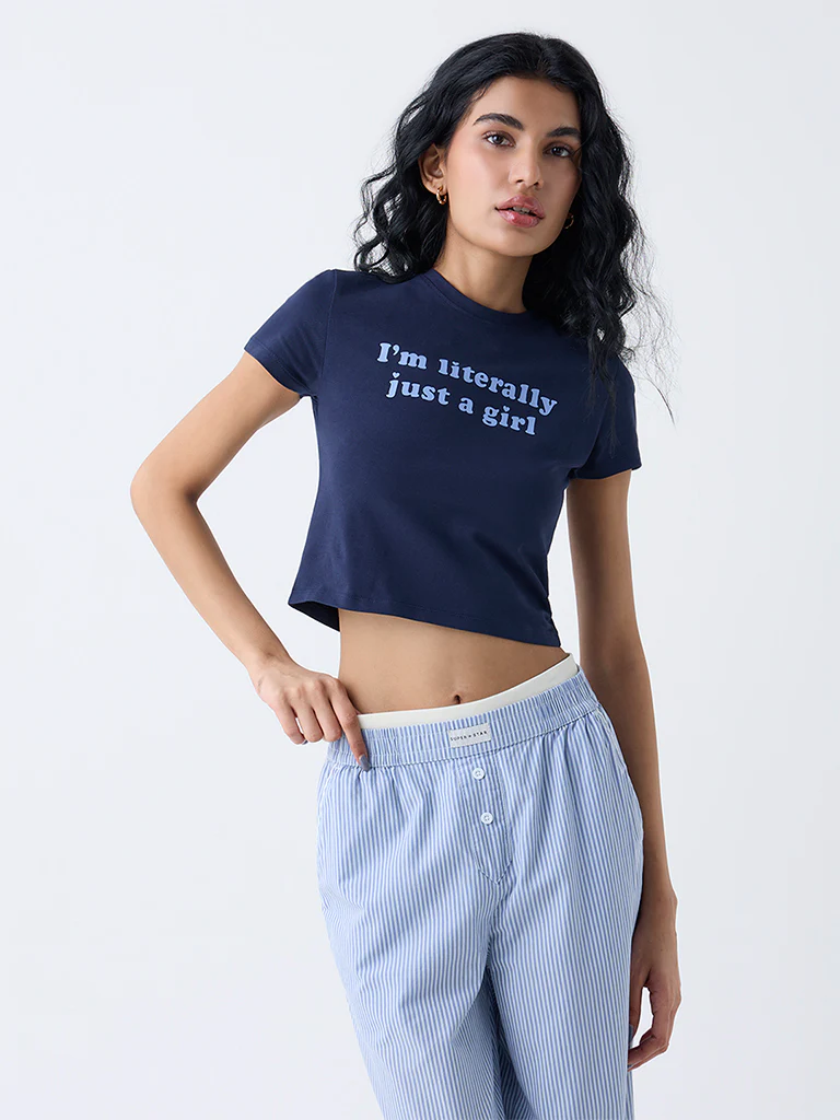 Superstar Dark Blue Text Design Cotton-Blend T-Shirt