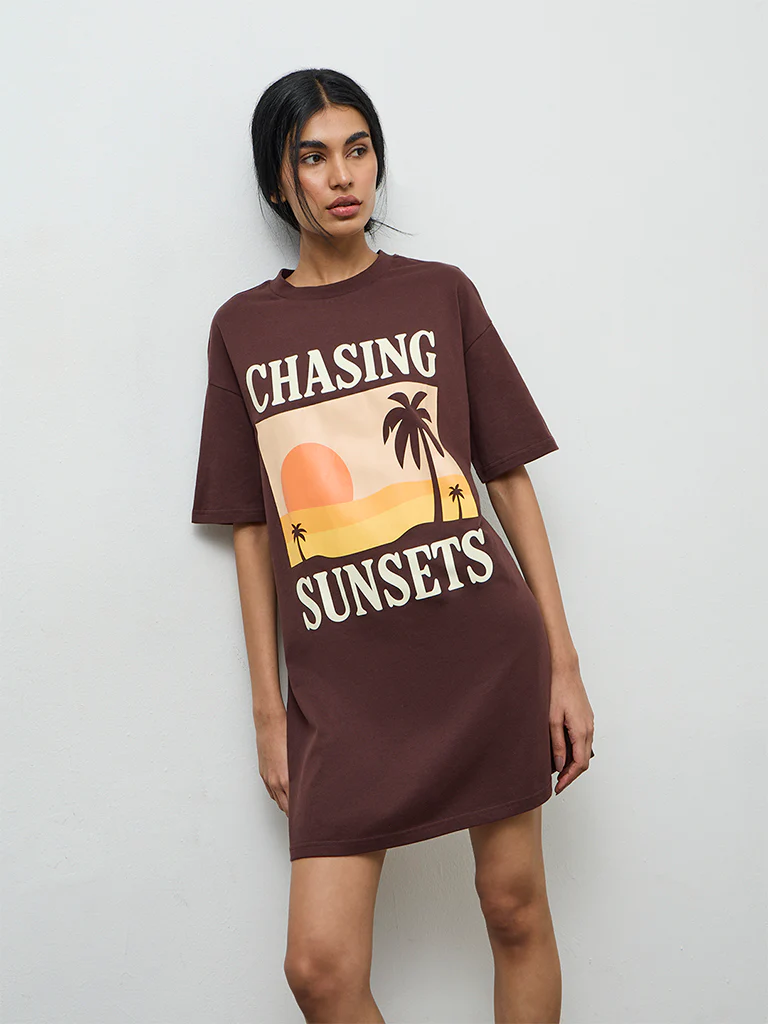 Superstar Dark Brown Graphic Printed Cotton T-Shirt Dress