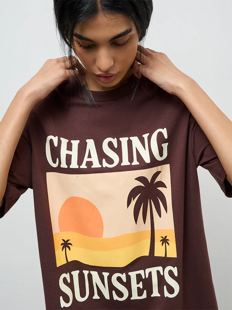 Superstar Dark Brown Graphic Printed Cotton T-Shirt Dress - Image 3