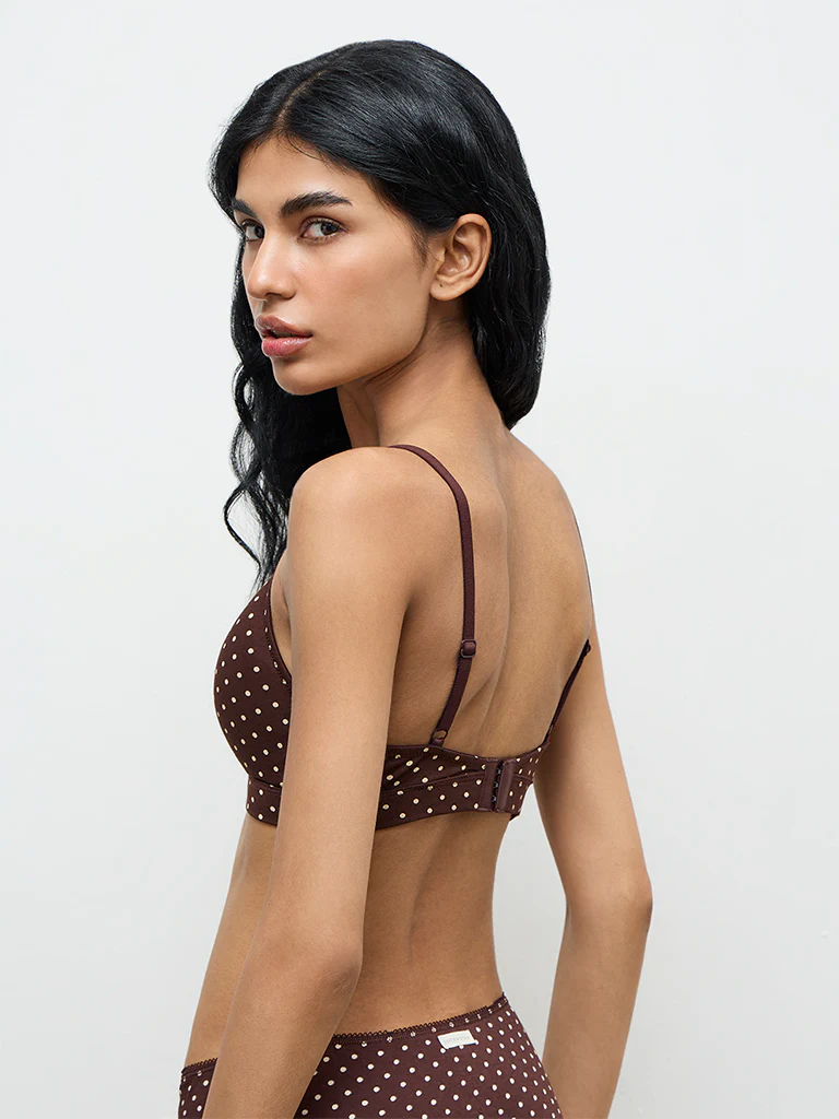 Superstar Dark Brown Polka-Dot Cotton-Blend Padded Bra - Image 4