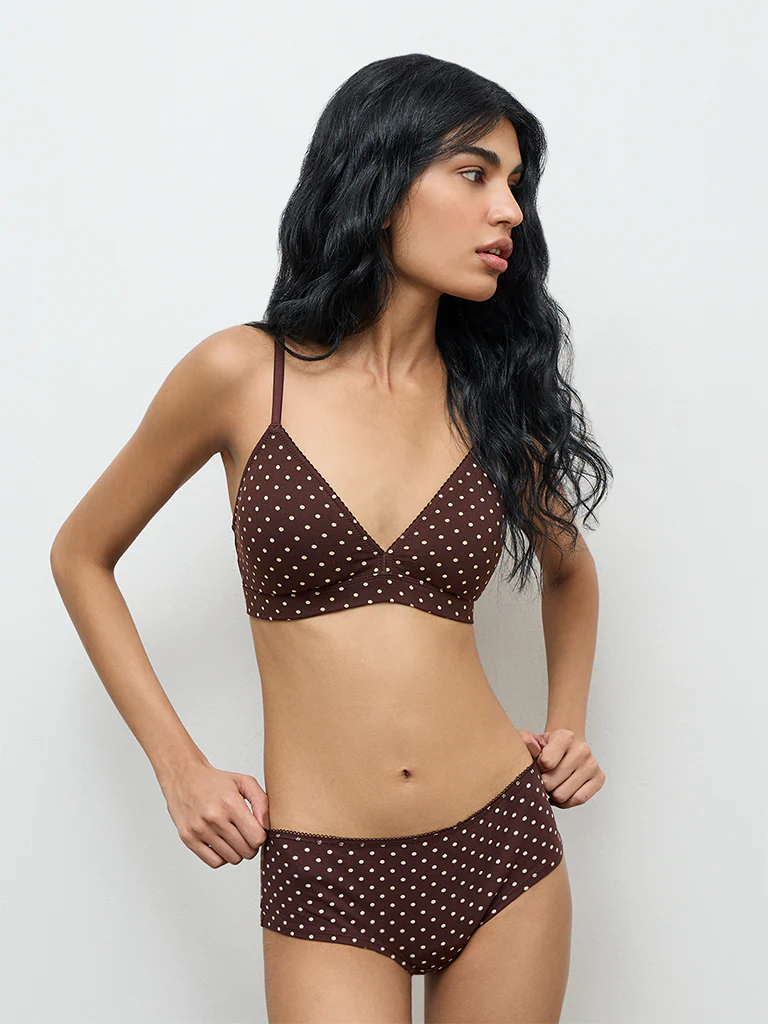 Superstar Dark Brown Polka-Dot Printed Low-Rise Cotton-Blend Briefs - Pack of 2 - Image 2