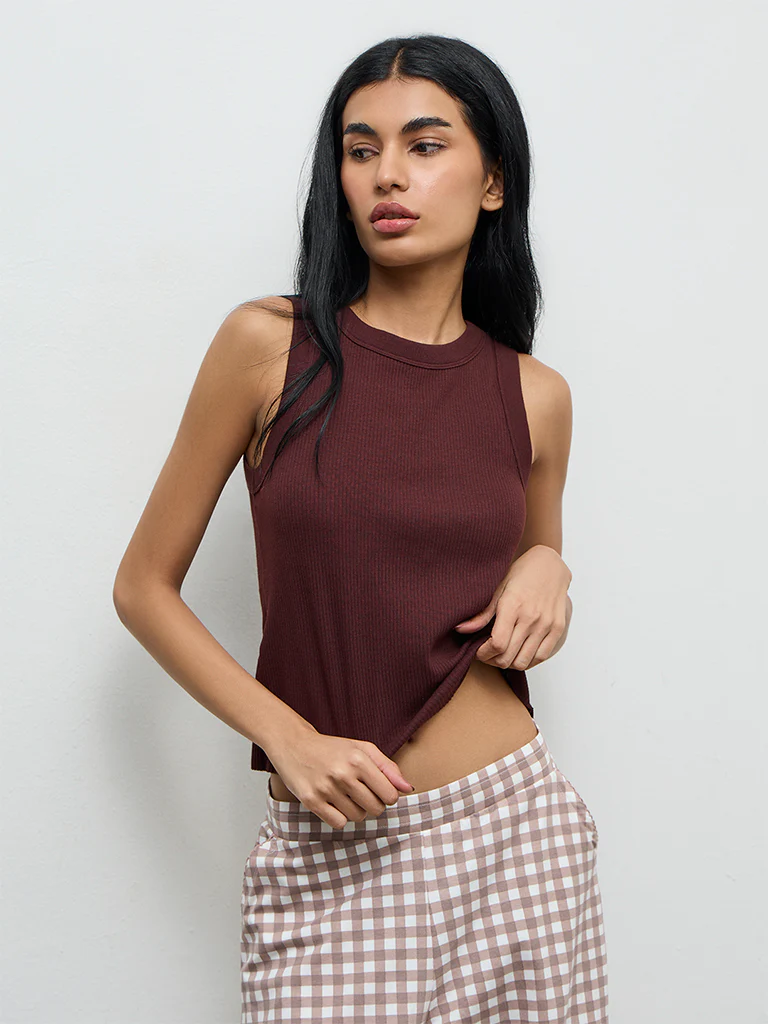 Superstar Dark Brown Ribbed Cotton-Blend Tank Top