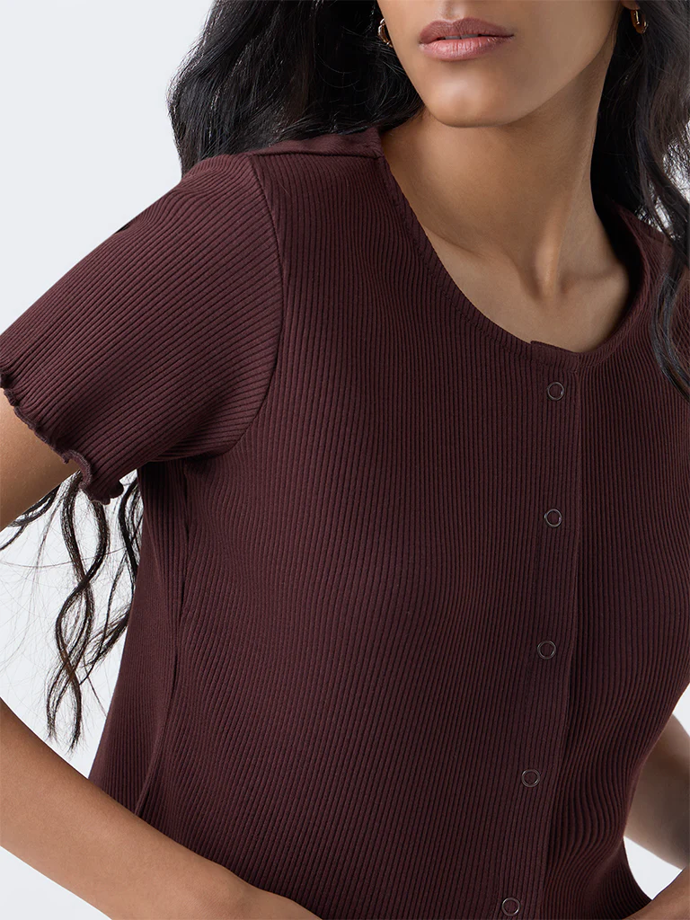 Superstar Dark Brown Ribbed Cotton-Blend Top - Image 3