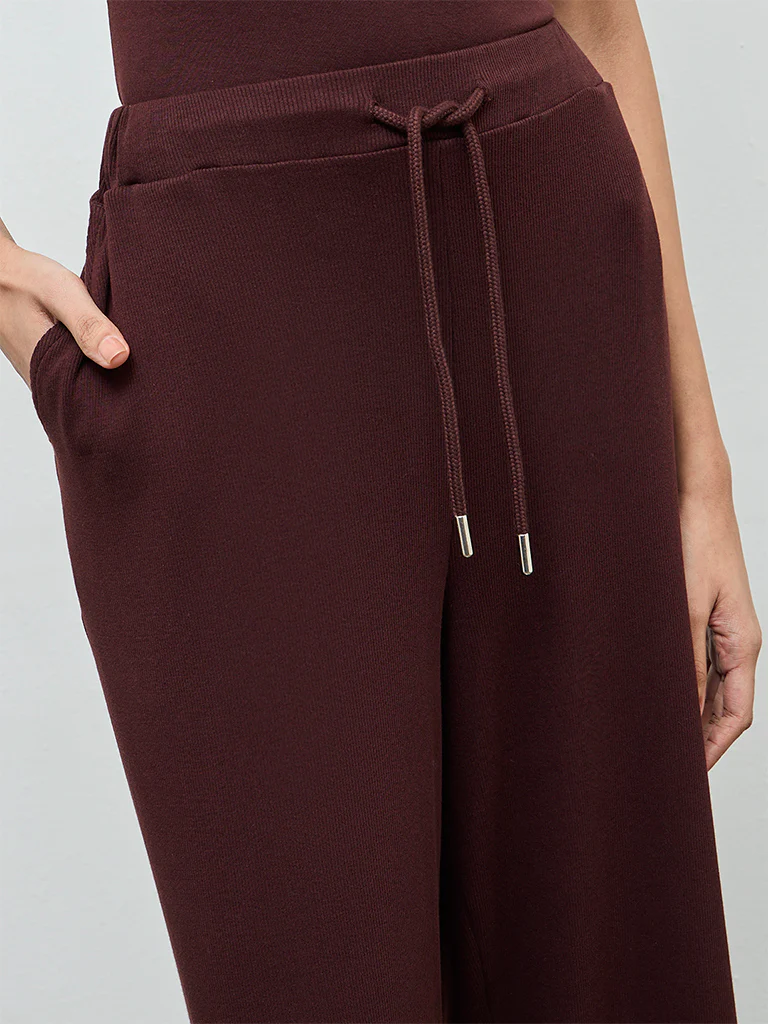 Superstar Dark Brown Ribbed-Textured High-Rise Cotton-Blend Pants - Image 3