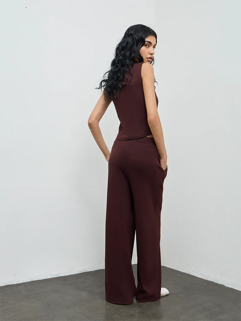 Superstar Dark Brown Ribbed-Textured High-Rise Cotton-Blend Pants - Image 4