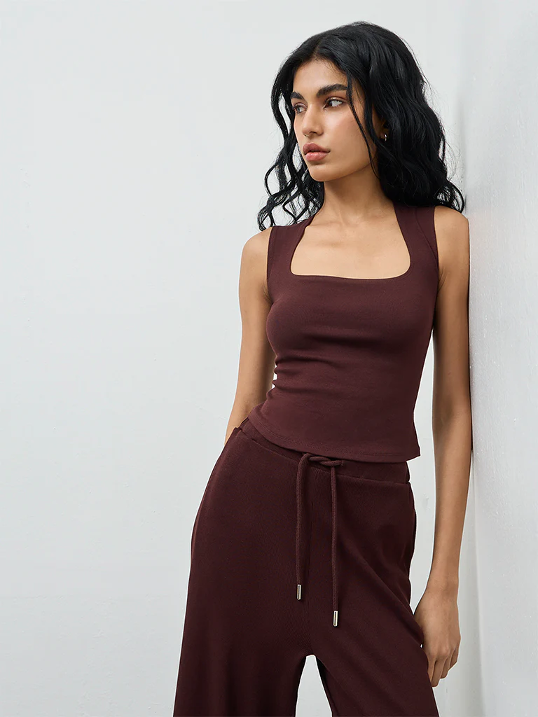 Superstar Dark Brown Solid Cotton-Blend Tank Top