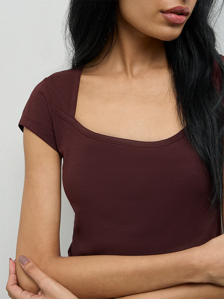 Superstar Dark Brown Solid Cotton-Blend Top - Image 2